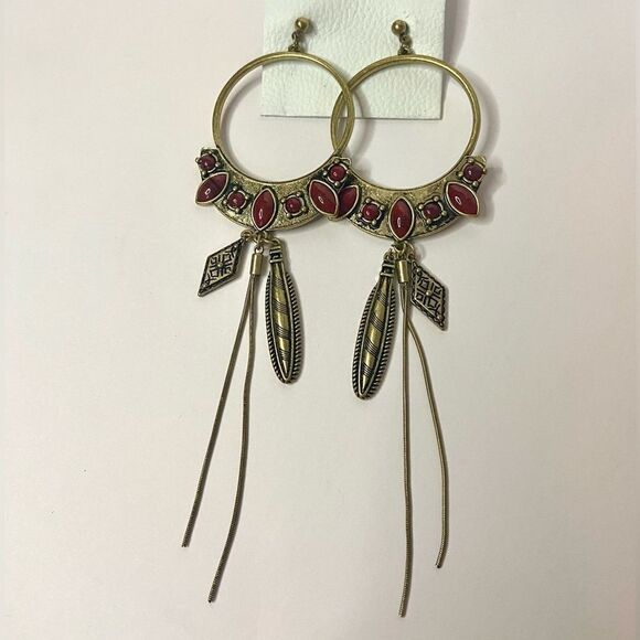 NWT Free People Winona Hoops - Gold Brass with Red Coral Stones - Picture 3 of 11